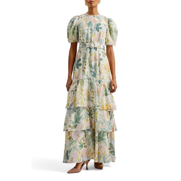 Ted Baker London Dress Sz 3 EU 40 US 6-8 Devero Floral Belted Tiered Linen Maxi - Picture 1 of 12